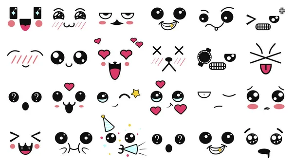 Caras lindas de Kawaii. Divertido emoticono japonés de dibujos animados en diferentes expresiones. Personaje de anime de expresión y emoción. Redes sociales, impresión, estilo japonés emoticonos, móvil, chat. emociones kawaii . — Vector de stock