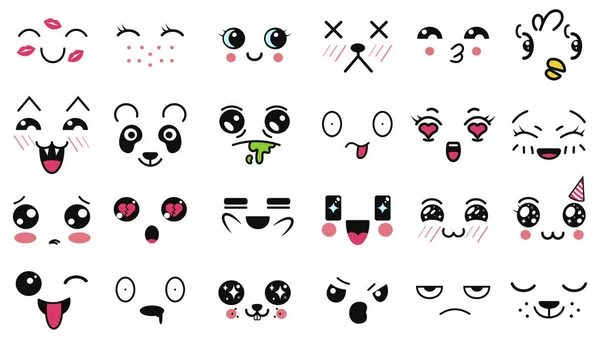 Kawaii söta ansikten. Rolig tecknad japansk emoticon i olika uttryck. Uttryck anime karaktär och känslor. Sociala nätverk, tryck, Japanska stil uttryckssymboler, Mobil, chatt. kawaii-känslor. — Stock vektor