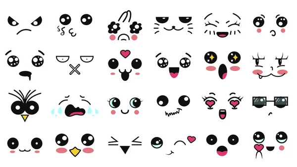 Caras lindas de Kawaii. Divertido emoticono japonés de dibujos animados en diferentes expresiones. Personaje de anime de expresión y emoción. Redes sociales, impresión, estilo japonés emoticonos, móvil, chat. emociones kawaii . — Vector de stock