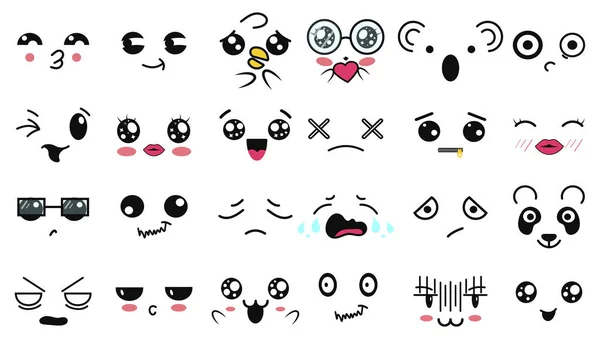 Caras lindas de Kawaii. Divertido emoticono japonés de dibujos animados en diferentes expresiones. Personaje de anime de expresión y emoción. Redes sociales, impresión, estilo japonés emoticonos, móvil, chat. emociones kawaii . — Archivo Imágenes Vectoriales