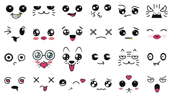 Kawaii putzige Gesichter. Lustige japanische Karikatur Emoticon in verschiedenen Ausdrücken. Ausdruck anime Charakter und Emotion. Soziales Netzwerk, Print, Emoticons im japanischen Stil, Mobile, Chat. Kawaii-Emotionen. — Stockvektor