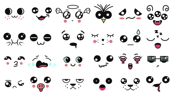 Caras Lindas Kawaii Divertido Emoticono Japonés Dibujos Animados Diferentes Expresiones — Vector de stock