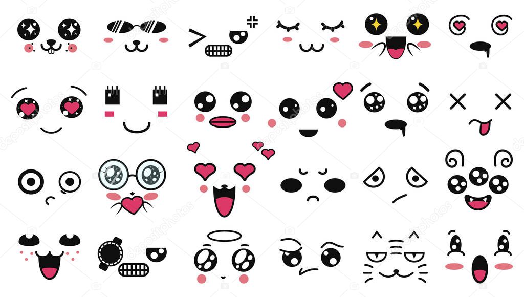 Kawaii cute faces. Funny cartoon japanese emoticon in in different expressions. Expression anime character and emotion. Social network, print, Japanese style emoticons, Mobile, chat. kawaii emotions.