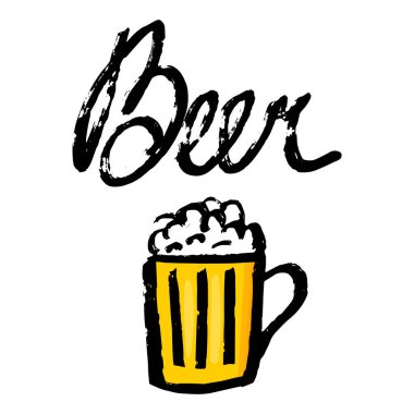 Köpüklü bir kupa bira, içinde yazı, bira, köpüklü bira, arka plan illüstrasyonu, baskı. Tebrik kartı ve tişört baskısı için iyi. El ilanı, poster tasarımı, kupa..