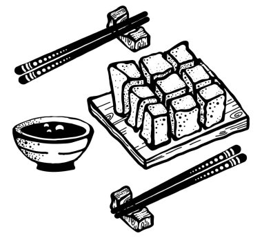 Tofu soya fasulyesi çubuklu yemek, beyaz arka planda izole edilmiş bir parça tofu vektör illüstrasyonu. Sağlıklı diyet vejetaryen yemeği. Sağlıklı Asya besin maddeleri.