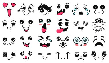 Kawaii sevimli yüzler. Manga tarzı gözler ve ağızlar. Farklı ifadelerde komik Japon karikatürü ifadeleri. İfade anime karakteri ve yüz resmi. Arka plan, duvar kağıdı. Duygular.