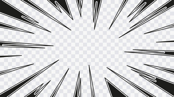 Абстрактные радиальные линии вспышки комикса на прозрачном фоне. Векторная иллюстрация супергеройского дизайна. Яркая чёрная полоса лопнула. Вспышка луча вспышки. Скоростные линии Манга рамка. Аниме
