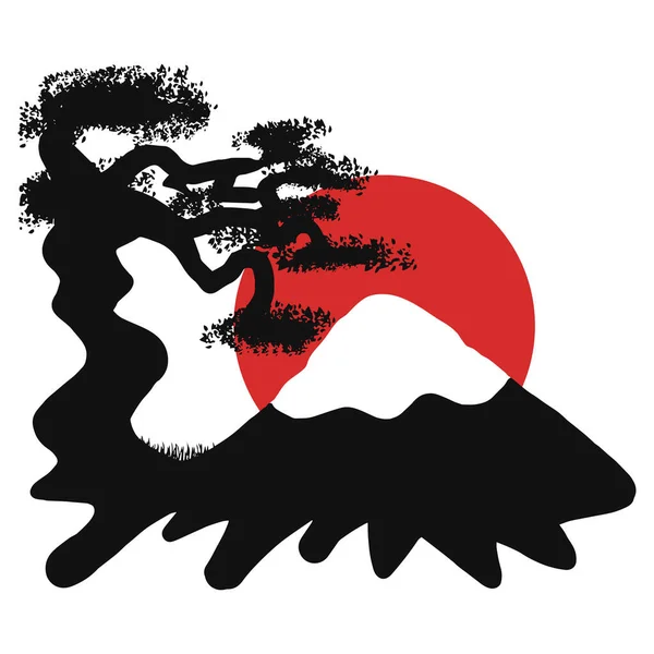 Sol rojo círculo Monte Fuji floreciendo sakura - símbolo tradicional de Japón sobre un fondo blanco. Japón . — Vector de stock