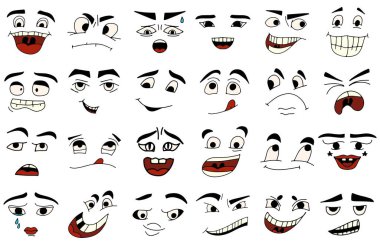 Çizgi film suratları. Kawaii sevimli yüzler. Etkileyici gözler ve ağız, gülümseyen, ağlayan ve şaşırmış karakter yüz ifadeleri. Karikatür karikatürü ya da duygu simgesi. İzole vektör illüstrasyon simgeleri ayarlandı.