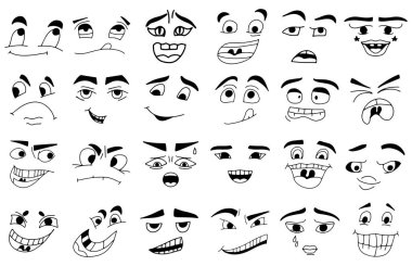 Çizgi film suratları. Kawaii sevimli yüzler. Etkileyici gözler ve ağız, gülümseyen, ağlayan ve şaşırmış karakter yüz ifadeleri. Karikatür karikatürü ya da duygu simgesi. İzole vektör illüstrasyon simgeleri ayarlandı.