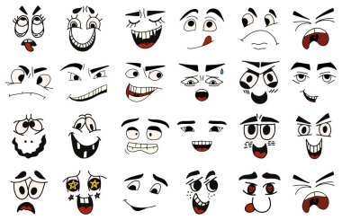 Çizgi film suratları. Kawaii sevimli yüzler. Etkileyici gözler ve ağız, gülümseyen, ağlayan ve şaşırmış karakter yüz ifadeleri. Karikatür karikatürü ya da duygu simgesi. İzole vektör illüstrasyon simgeleri ayarlandı.