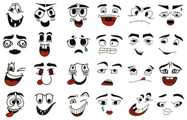 Çizgi film suratları. Kawaii sevimli yüzler. Etkileyici gözler ve ağız, gülümseyen, ağlayan ve şaşırmış karakter yüz ifadeleri. Karikatür karikatürü ya da duygu simgesi. İzole vektör illüstrasyon simgeleri ayarlandı.