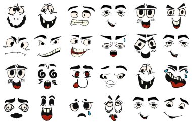 Çizgi film suratları. Kawaii sevimli yüzler. Etkileyici gözler ve ağız, gülümseyen, ağlayan ve şaşırmış karakter yüz ifadeleri. Karikatür karikatürü ya da duygu simgesi. İzole vektör illüstrasyon simgeleri ayarlandı.