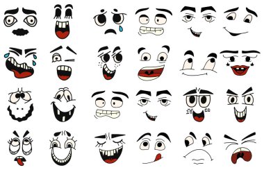 Çizgi film suratları. Kawaii sevimli yüzler. Etkileyici gözler ve ağız, gülümseyen, ağlayan ve şaşırmış karakter yüz ifadeleri. Karikatür karikatürü ya da duygu simgesi. İzole vektör illüstrasyon simgeleri ayarlandı.