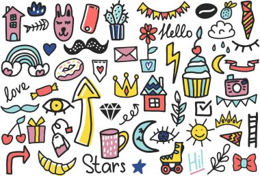 Yaz karalaması seti. El stili renk vektör ögeleri. Rastgele elementlerin çizimi. Parmak izi ve kartlar için tasarım.