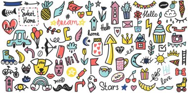 Yaz karalaması seti. El stili renk vektör ögeleri. Rastgele elementlerin çizimi. Parmak izi ve kartlar için tasarım.