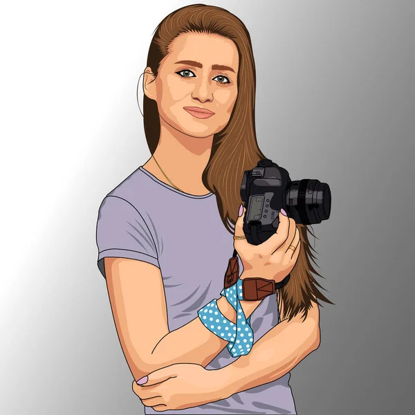 Una joven fotógrafa. Una chica con una cámara — Vector de stock