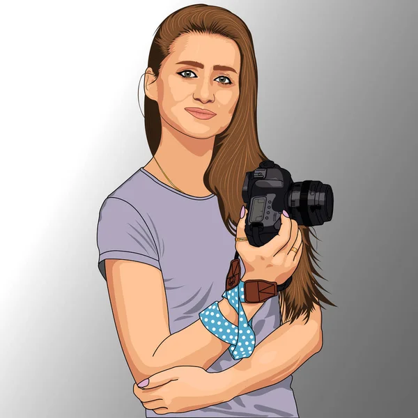 Fiatal lány fotós. Egy lány kamerával. — Stock Vector