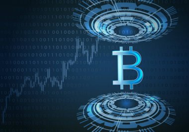 Bitcoin sembol ve fütüristik arka plan.