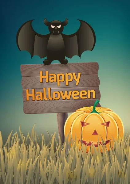 Tarjeta de Halloween con calabaza y murciélago . — Archivo Imágenes Vectoriales