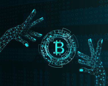 Elektronik eller ve bitcoin sembolü.