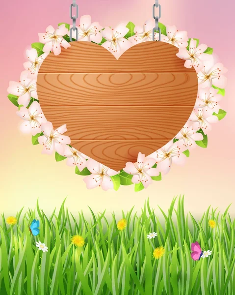 Background with a wooden board in the shape of a heart. — Stock Vector