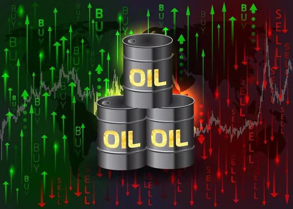 Barils de pétrole et acheter et vendre des flèches . — Image vectorielle