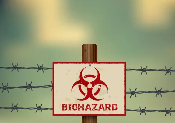 Symbole de danger biologique sur une clôture en fil barbelé . — Image vectorielle
