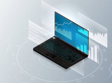 İzometrik dizüstü bilgisayar ve çizimler. Analiz etme kavramı modern ticarette sonuç verir..