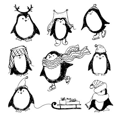 Sevimli el çizimi penguenler