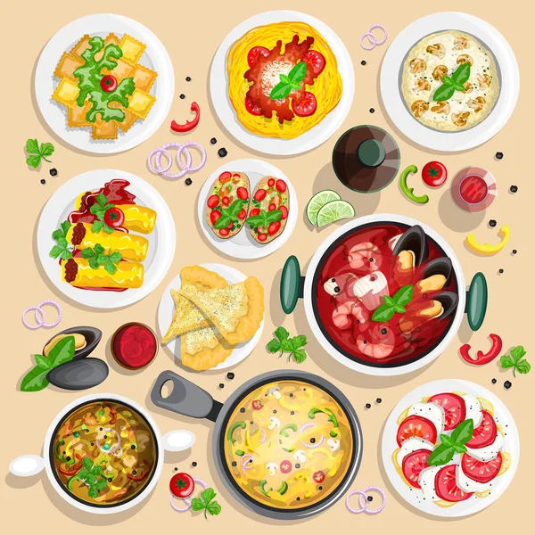 Colección de ilustraciones de vista superior de comida italiana — Archivo Imágenes Vectoriales
