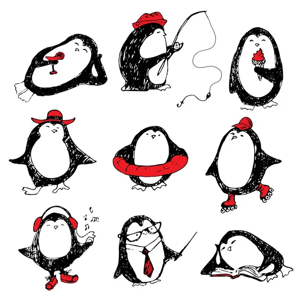 Cute hand drawn penguins set — Stock Vector