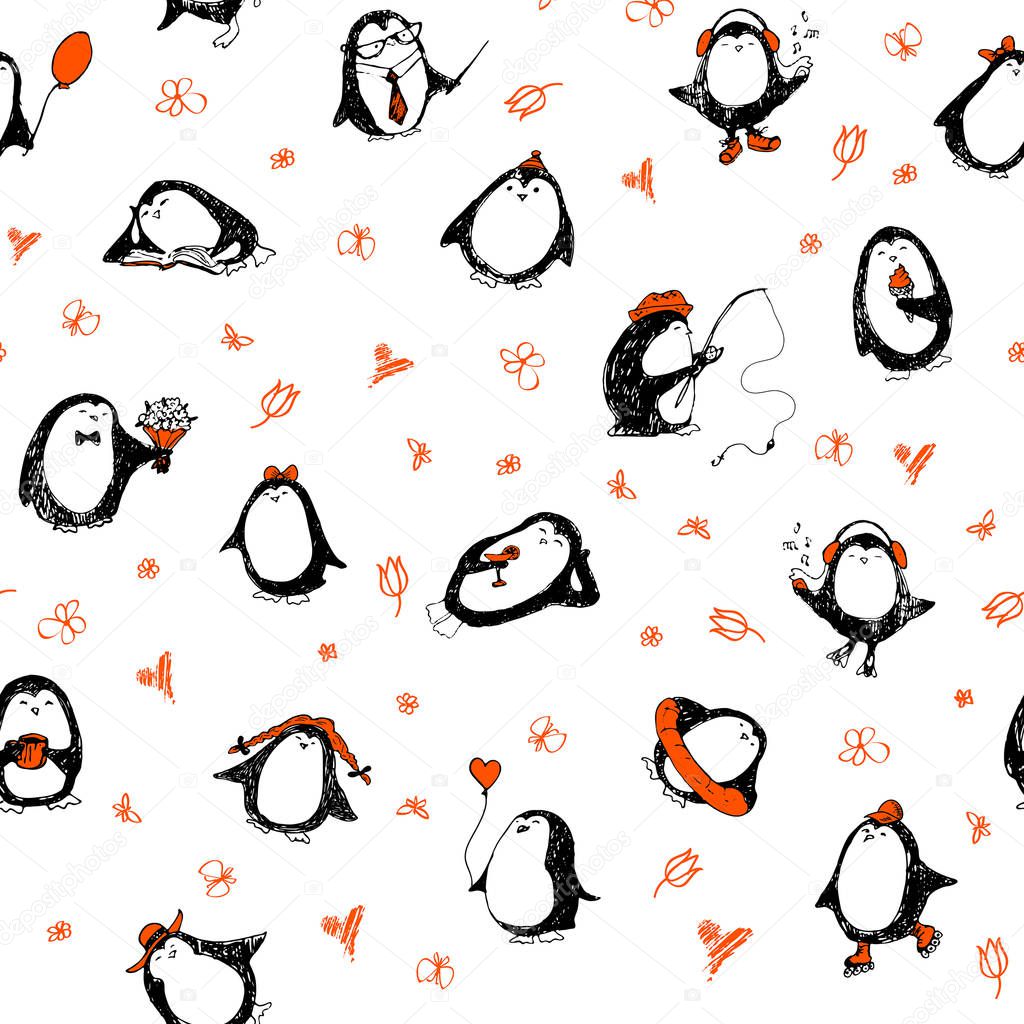 Cute hand drawn penguins pattern