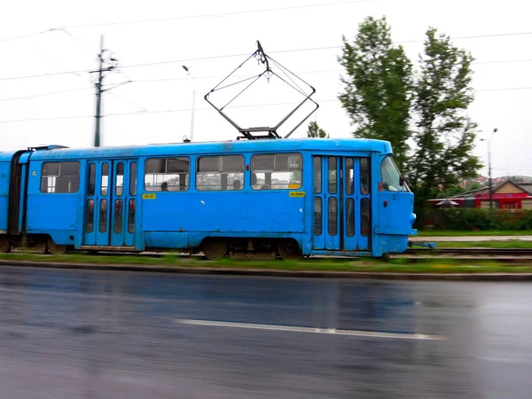 Sarajevo, Bosnia and Herzegovina blue tram in motion Stock Image