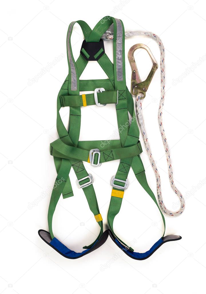 Closeup fall protection Hook harness and lanyard for work at hei