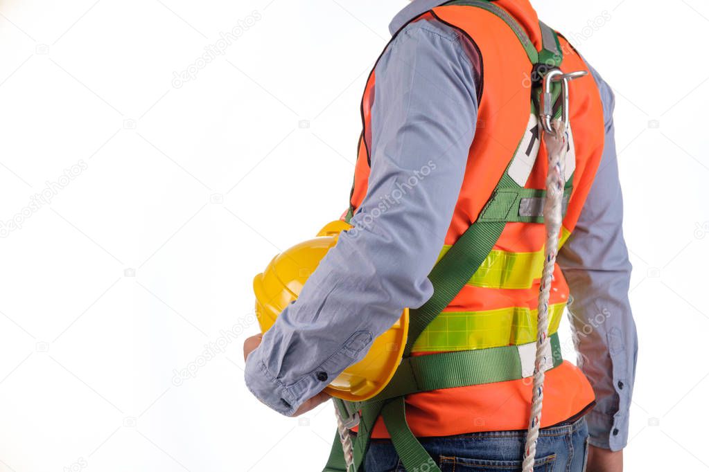 engineer wear fall arrest equipment on white background