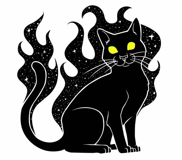 黑女巫的猫有明亮的眼睛 完美的万圣节背景纹身艺术Boho设计神秘理想的印刷 纺织品 魔法之火空间 矢量说明 — 图库矢量图片