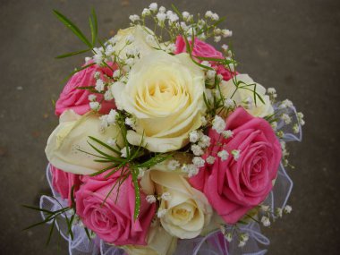 Gri arkaplanda beyaz ve pembe güller.