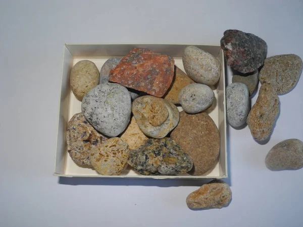 box with stones of various shapes and colors