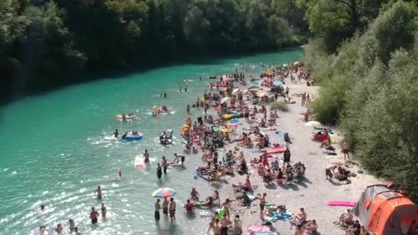 Aerial Drone Shot People Festival Swimming Playing River Soca Valley — Wideo stockowe