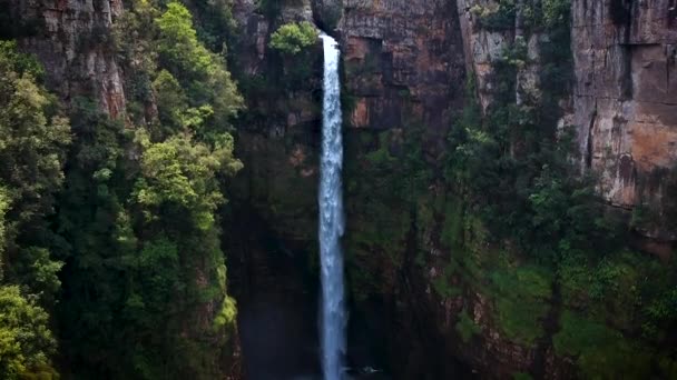 Tiro Aéreo Dron Una Empinada Larga Cascada Selva Drakensberg Sudáfrica — Vídeos de Stock