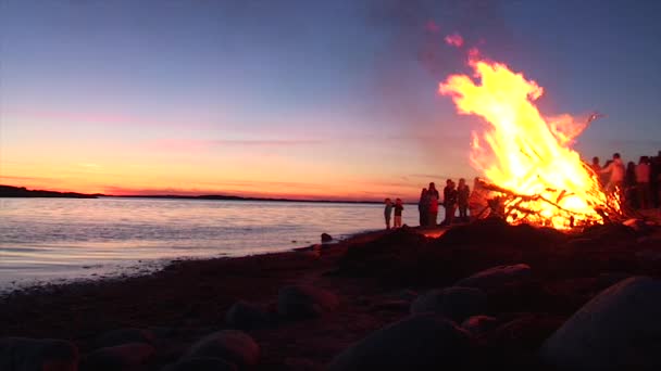Велика Пожежна Вечірка Під Час Заходу Сонця Березі Моря Діти — стокове відео