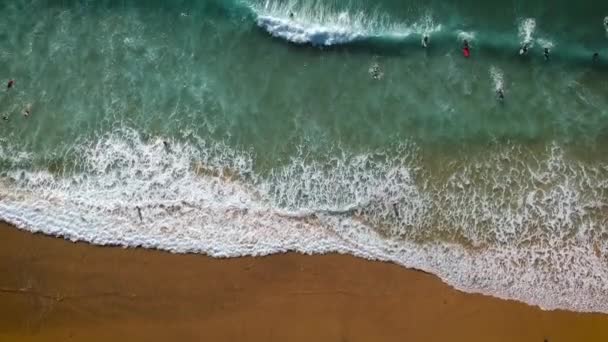 Trono Aéreo Disparado Surfistas Deitado Água Apanhando Ondas Rolando Numa — Vídeo de Stock