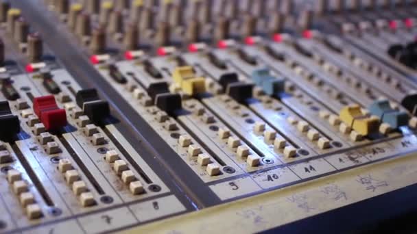 Dolly Shot Old Sound Board Mixing Console Nobs Sliders — Stock Video