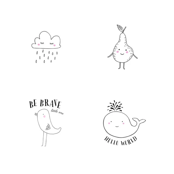 Vektorové ilustrace roztomilé postavy: deštivý mrak, hruška, malá holka a velryba. — Stockový vektor