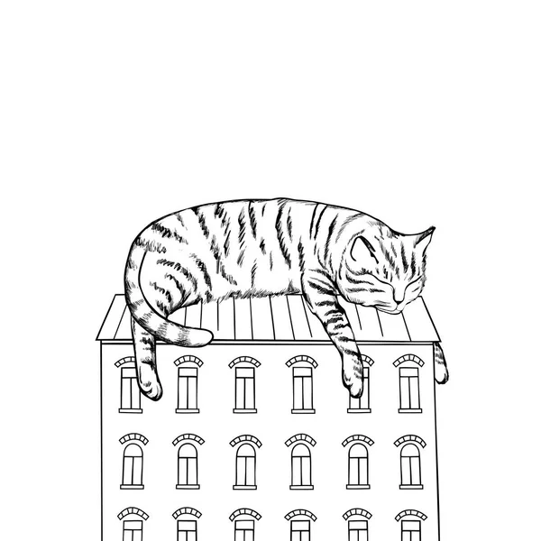 Ilustrație Suprarealistă Unei Pisici Mari Care Doarme Acoperiș Schita Vectoriala — Vector de stoc
