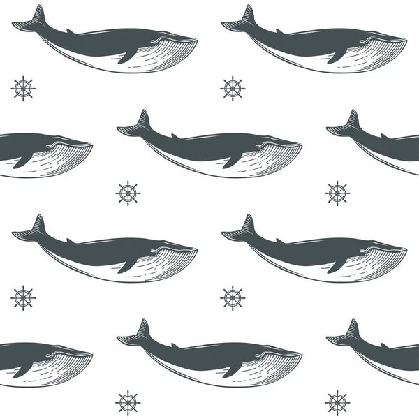 Nautical Pattern Whales Ship Steering Wheels Vector Illustration — Stock Vector