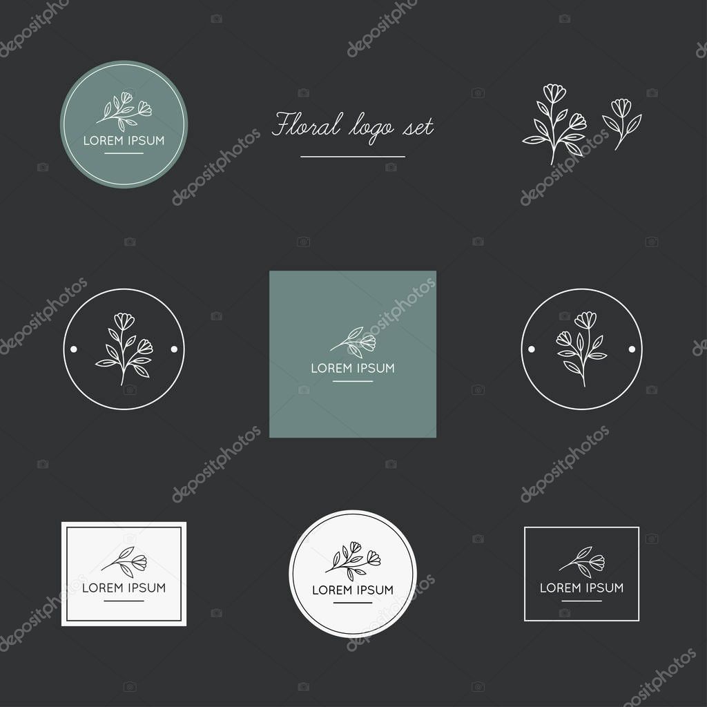 Hand drawn logo collection. Logo design with doodle flowers.