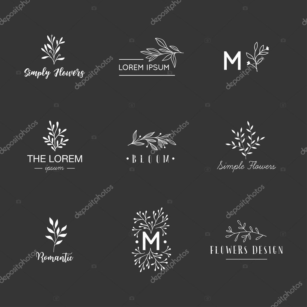 Hand drawn logo collection. Logo design with doodle flowers.