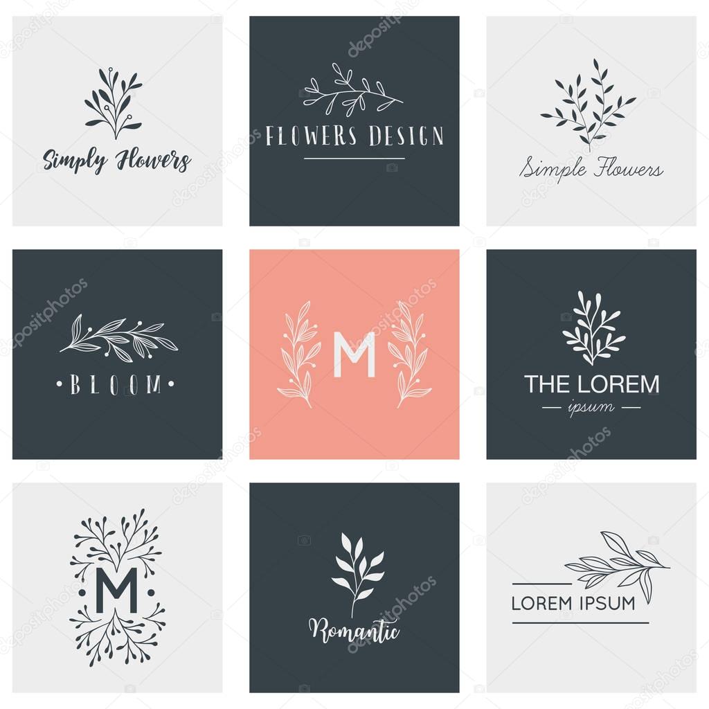 Hand drawn logo collection. Logo design with doodle flowers.